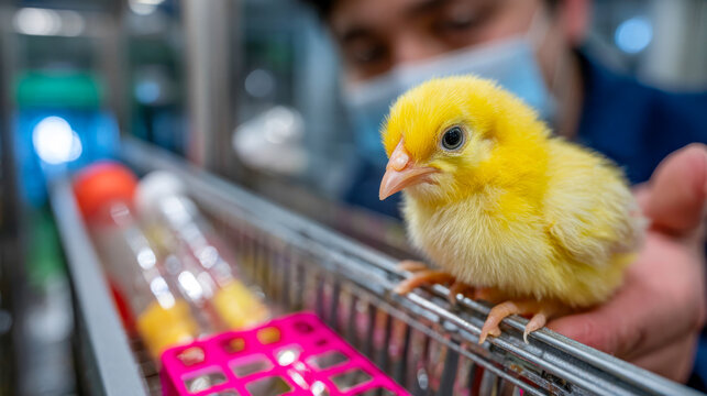 Little yellow chick resting on a hand beside a crate of eggs in an incubator setting