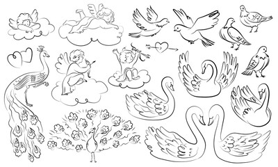 Fototapeta premium Cupid And Birds Line Art Vintage Wedding Set