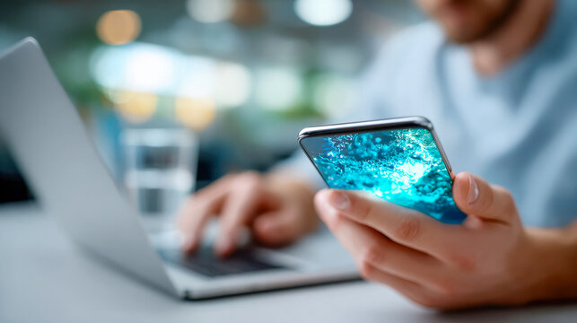 Person using smartphone and laptop together, illustrating mobile learning, multitasking and digital communication