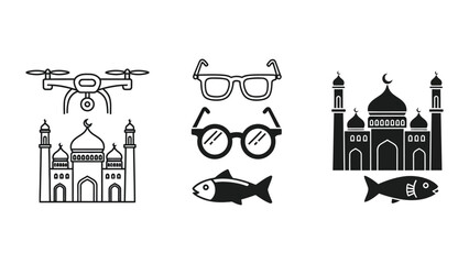 Naklejka premium Modern icons blending technology, architecture, and everyday objects with cultural elements