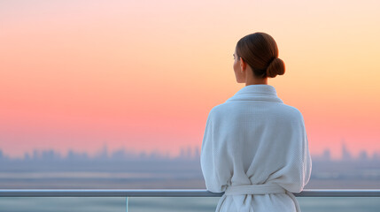Obraz premium Serene balcony view with woman at sunset in luxury apartment