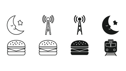 Whimsical icons combining food, technology, and nighttime themes © Saiful Stock