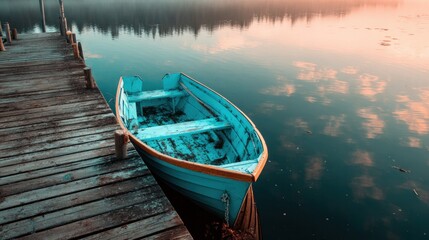 Naklejka premium A small, sky-blue boat rested on the lake by the dock, leaving room for your words.