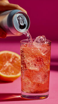 Woman pouring sparkling red soft drink from can into glass with ice on pink background