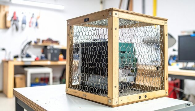Homemade Faraday cage constructed from wood and metal mesh, effectively enclosing sensitive electronic equipment on a workshop table.