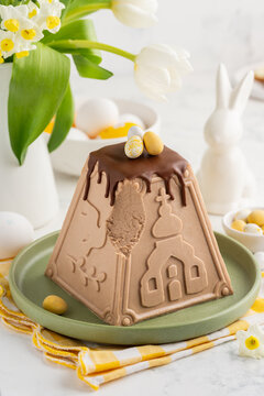 Easter chocolate cottsge cheese dessert paskha  decorated candy eggs. Festive religion dish. Selective focus