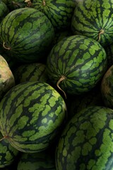 Fototapeta premium Close-up of multiple whole watermelons stacked together, filling the frame. The fruits have dark green rinds with lighter green striped patterns and visible stems. The composition is dense.