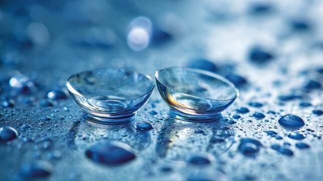 Two contact lenses and water droplets rest on a blue, reflective mirror up close.