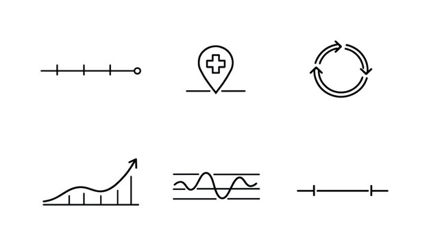 Line style icons of patient health history: timeline bar, medical event marker, recurring pattern loop, long-term trend path,