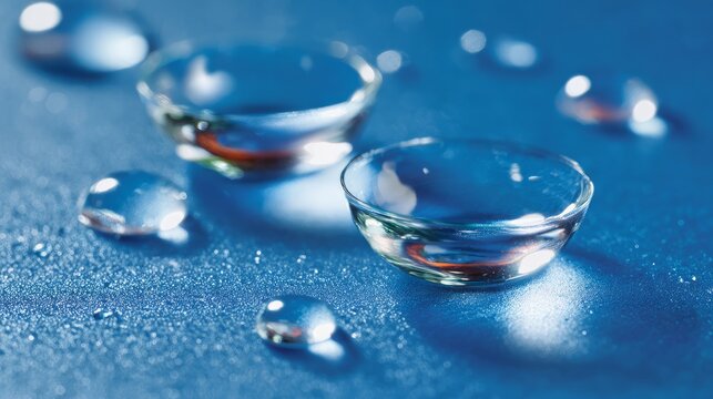 Two contact lenses and water droplets rest on a blue, reflective mirror up close.