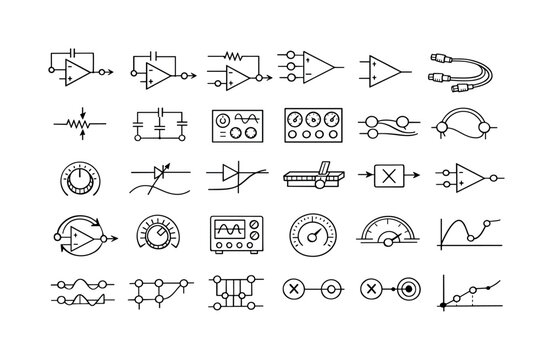 Line vector icons of analog differential-equation computers: integrator modules, differentiator blocks, summing amplifiers,