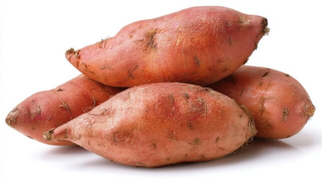 Sweet potatoes, uncooked and sweet, sit alone on a white background.