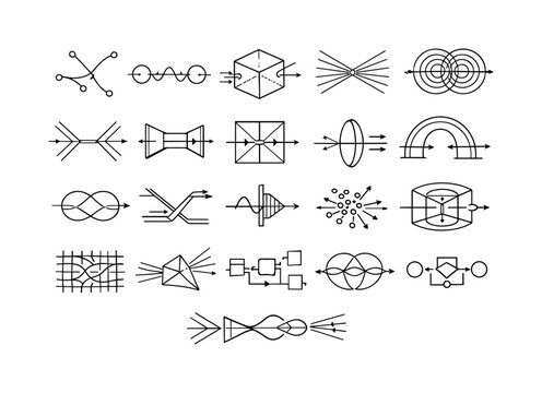 Line vector icons of photonic gate components: wavelength-split nodes, phase-shift selectors, refractive logic cubes, guided