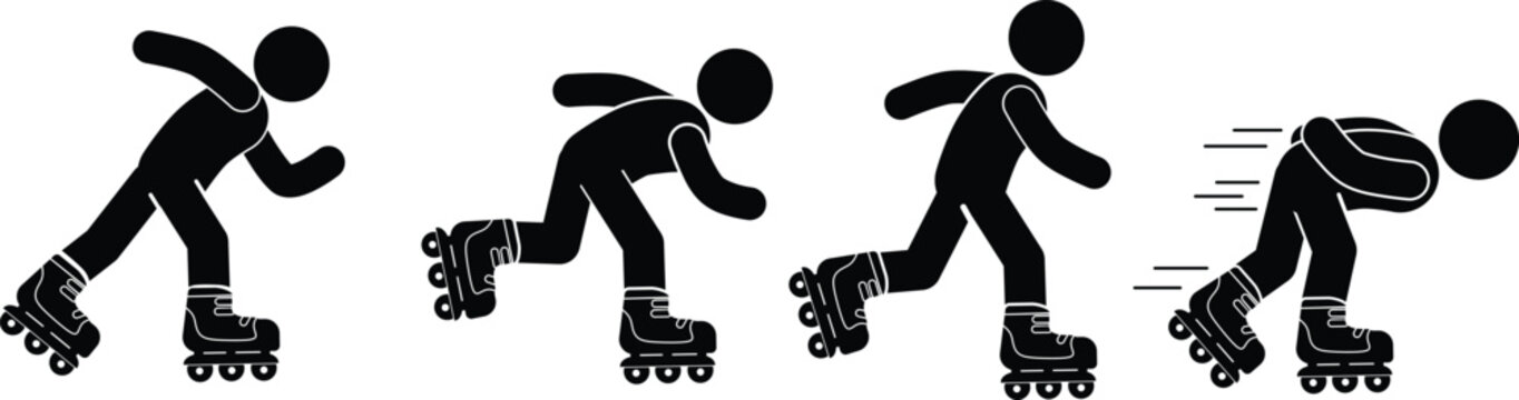 Black stick figures demonstrating different stages of inline skating action and speed