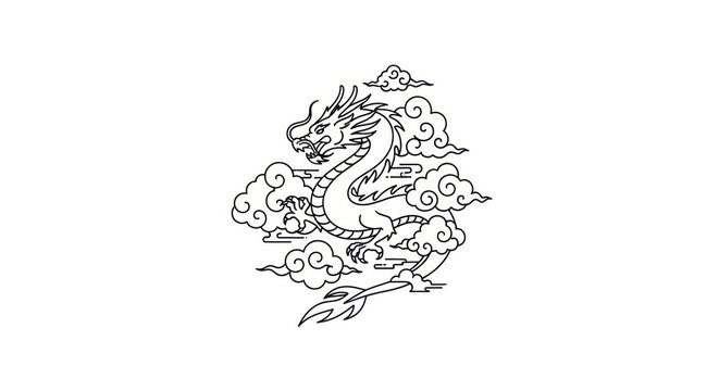 Black line art depicts a dragon coiled amongst stylized clouds, set against a white background