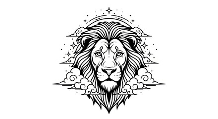Obraz premium Black and white illustration of a regal lion's head surrounded by clouds and stars