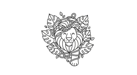 Fototapeta premium Illustration of a lion's face intertwined with vines and leaves, simple lines on white