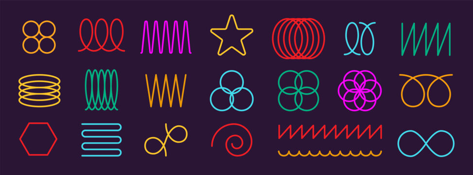 Neon spring coil shapes set. Curve line collection. Zigzag wave lines. Abstract flexible coil, loop line, thin spiral. Modern design element. Vector illustration isolated on dark background.