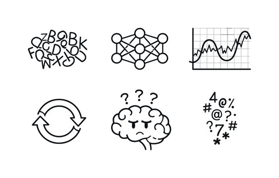 Line style vector icons of nonsensical AI text output: scrambled-word cluster, neural-network motif, overfit-algorithm icon,