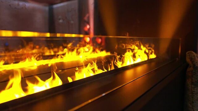 Low angle close up shows a long linear fireplace with glass guard as yellow orange flames dance above a black metal hearth during evening, with a slow lateral pan.