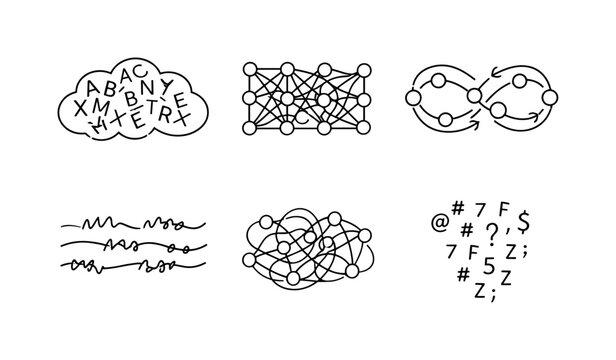Line style vector icons of neural network textual collapse: jumbled-word cloud, overfitted-algorithm motif, looping-node outline,