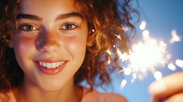 Smiling young caucasian female holding sparkler against blue background