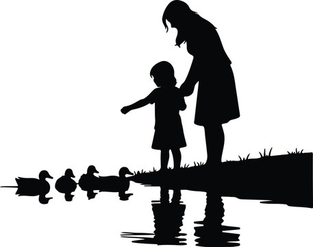 Silhouette mother child feeding ducks by the water design vector