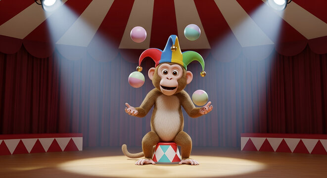 Cartoon monkey juggling balls on circus stage wearing jester hat playful mascot 3D rendering colorful scene fun performance