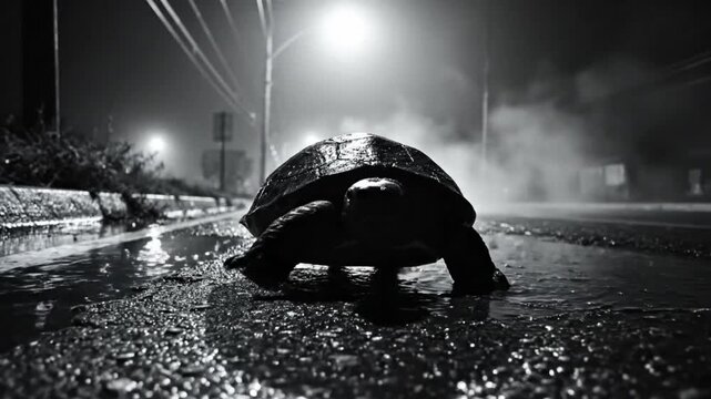 Black and white shot of a tortoise crossing a wet road at night with a large truck passing in the background and a street light shining