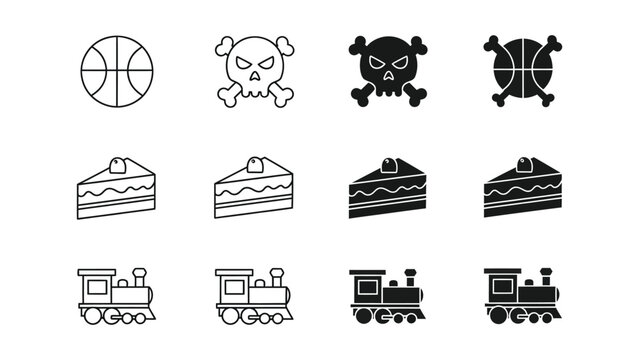 Variations of icons featuring sports, food, and transportation themes