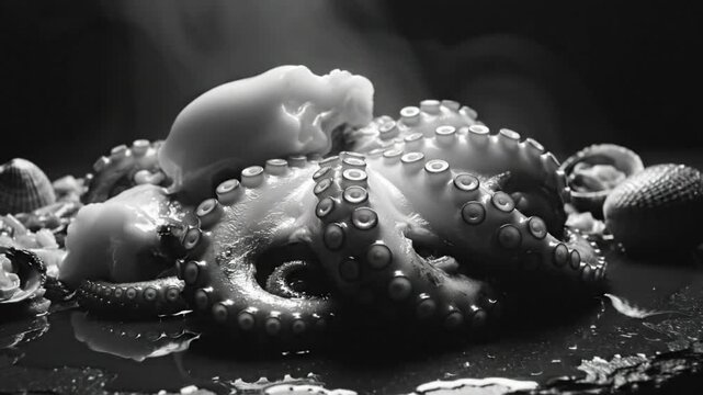 Black and white close-up of a cooked octopus on a stone plate with clams and steam