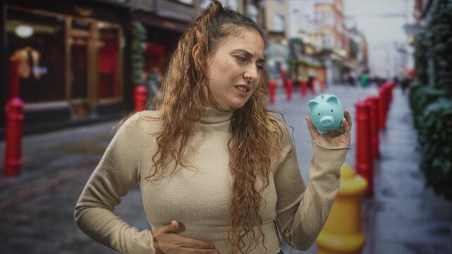 Brunette woman holding a blue piggy bank and clutching her stomach on a street with a pained expression while tilting her head; financial worry.