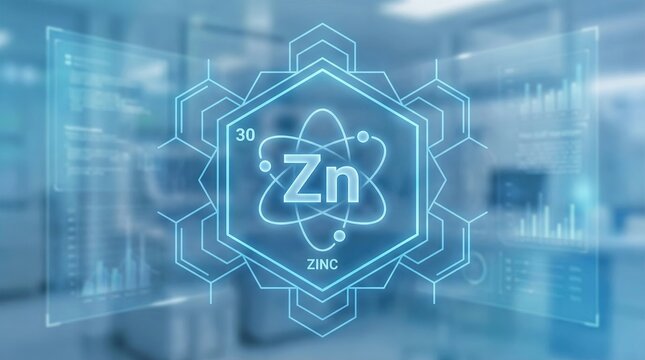 Zinc element Zn concept visualizing scientific research and health benefits with atomic structure and data on a modern scientific laboratory display