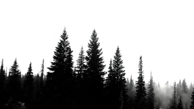 Low angle shot of a misty forest of silhouetted evergreen trees with a bright, overcast sky in the background