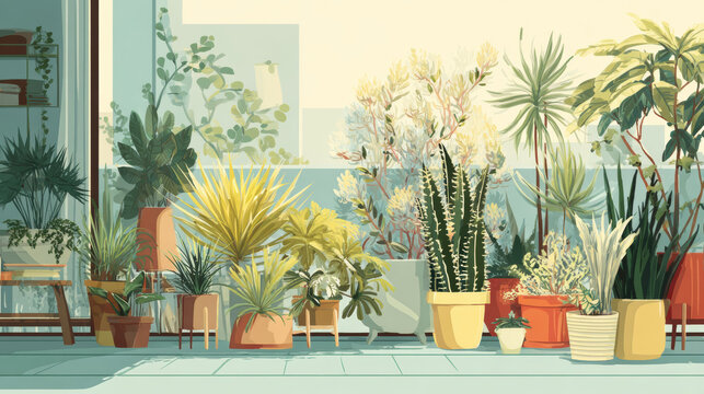 Mid century modern 1950s 1960s backyard summer patio garden design banner invitation background illustration retro vintage sunny minimalist potted plants cheerful colors suburban outdoors copy space	