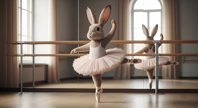 Ballet bunny in pink tutu practices at barre in mirrored studio; cute anthropomorphic rabbit ballerina in pointe shoes dancing practicing graceful posture and balance