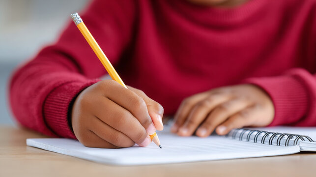 Child with brown skin writing in a notebook using a yellow pencil, wearing a red sweater, with a spiral-bound notebook visible on a wooden table