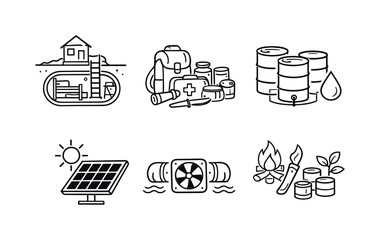Fototapeta premium Line style vector icons of self-sufficient bunkers: underground-bunker motif, supply-kit icon, water-storage outline, solar-panel