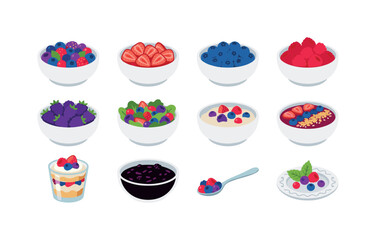 Berry mixes and bowls including mixed berry bowl, sliced strawberries bowl, blueberry cluster bowl, raspberry pile bowl,