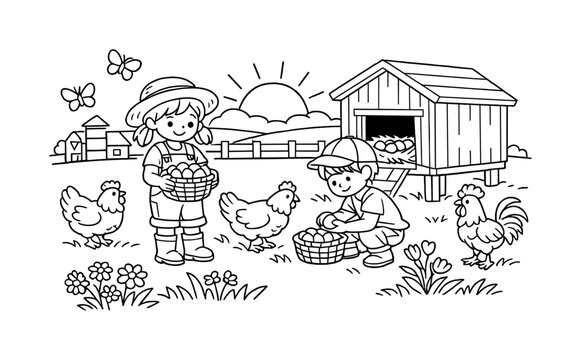 Farm morning with children collecting eggs from a chicken coop, friendly chickens clucking around, flowers and grass growing