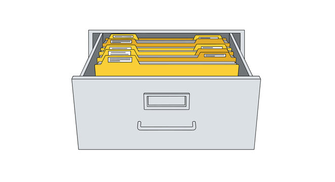 A sturdy grey office storage drawer is pulled open from the front to showcase multiple yellow manila folders neatly arranged for easy access today.