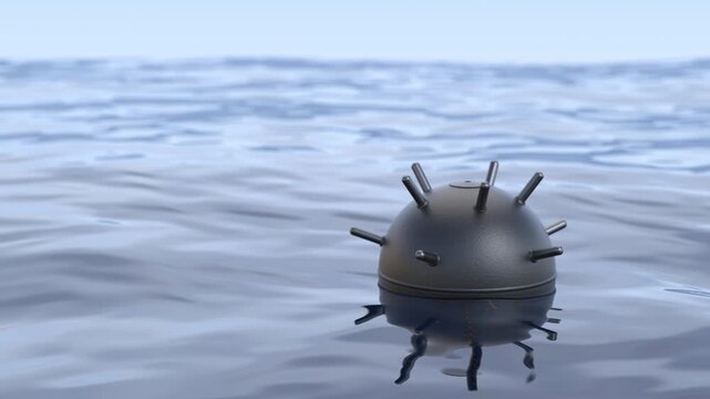 Moored naval mine floating in wavy water