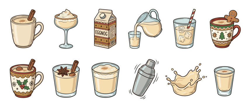 Eggnog drinks collection featuring various serving styles, ingredients, and preparation elements for festive holiday celebrations.