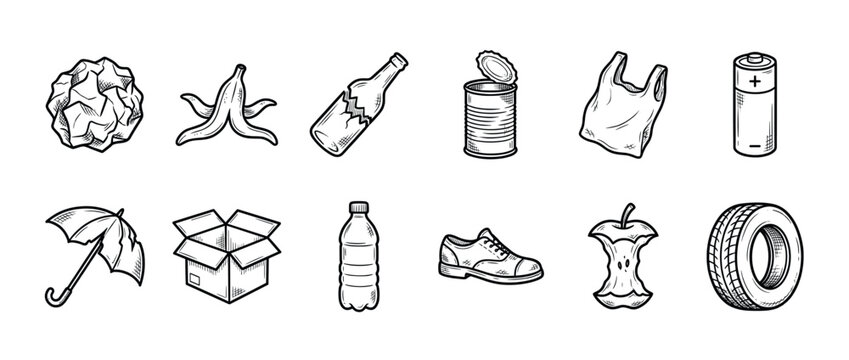 Hand drawn doodle style collection of various waste and discarded items, illustrating different types of garbage for recycling concepts.