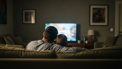 Fototapeta premium A father and child watch TV together on a sofa in a warmly lit living room
