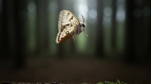 A fuzzy white moth with brown spots rests on coarse tree bark within a dim, moody forest, captured in a cinematic close-up with soft bokeh light.