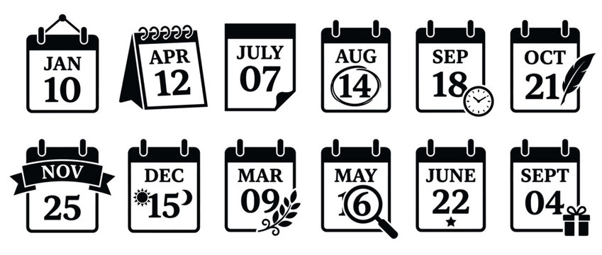 Calendar icons set with various dates and symbols for planning, scheduling, and event reminders.