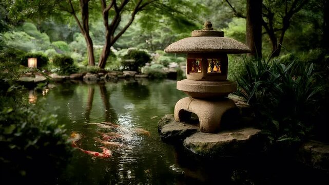Zen Buddhism, meditation, inner peace, Chinese Japanese Asian tradition. Therapy stress release treatment, health lifestyle. A serene garden scene features a tranquil pond surrounded by lush greenery.