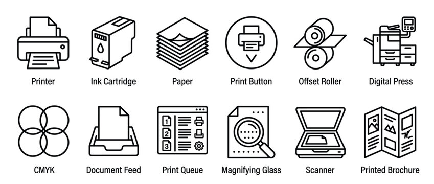 Printing and publishing technology icons collection featuring various office equipment and document processing symbols.