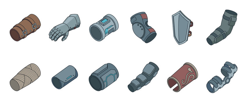 Collection of diverse protective arm and leg gear, including medieval, futuristic, and modern designs, perfect for gaming or fantasy concepts.
